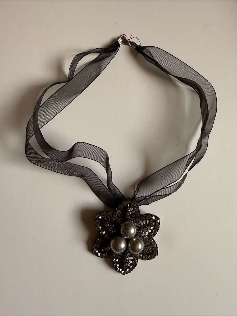 Black Floral Crystal Pendant Choker Necklace - Brand